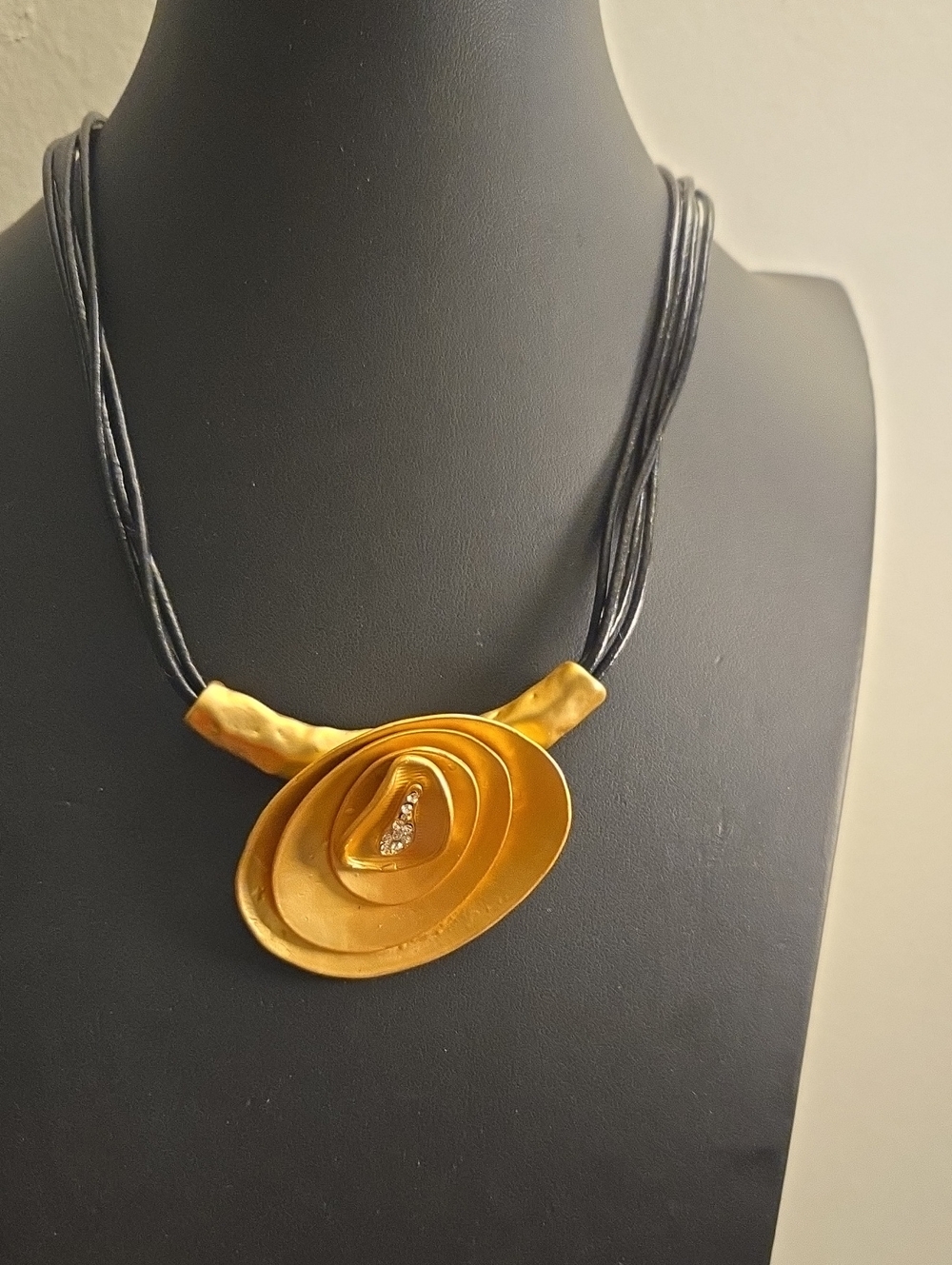 Gold Floral Spiral Pendant Necklace with Black Cord